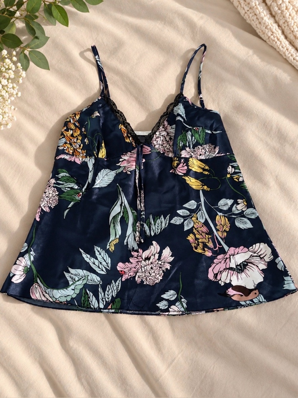 Navy Floral Satin Camisole with Lace Trim